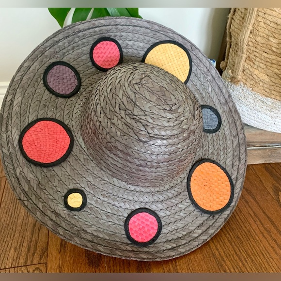 Emmanuel Geraldo Light Black Straw Wide Brim Colourful Hat Polka Dot Embellished - Picture 9 of 17